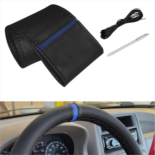 Lenkradbezug Pu Leder, Auto Lenkradhülle zum schnüren Nähen Gestreift Sport Design M4 Schwarz Blau Universalgrösse 37-38 cm