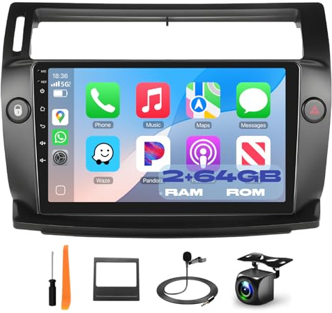 Podofo Carplay Radio Coche para Citroen C4 2004-2009 | Pantalla táctil 9 con Android, 2GB+64GB, CarPlay inalámbrico, Android Auto, Bluetooth, GPS y WiFi