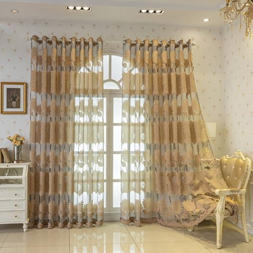 Daesar Vorhänge Lichtdurchlässig mit Ösen 132x229CM, Grau Braun Vorhänge 2er Set Landhausstil mit Sonnenblumen Motiv Gardinen Halbtransparent Schlafzimmer Wohnzimmer Küche