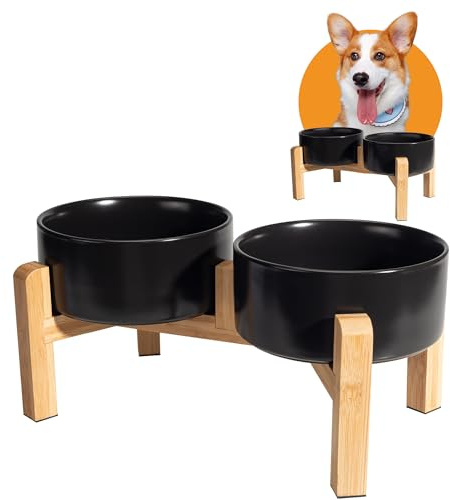 Comedero y Bebedero Elevado Para Perro - Cuenco Doble de Cerámica Con Soporte de Bambú - Platos Para Comida y Agua - Bol Para Perros Pequeños y Medianos - 2 x 850 ml