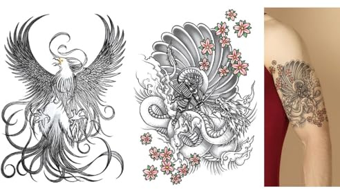 Lot de 2 feuilles de tatouage temporaire Dragon Phénix Tattoo Bras Tattoo TH816 824