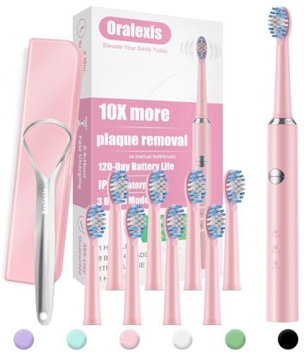 ORALEXIS Electric Toothbrush for Adults with Tongue Scraper and 8 Brush Heads, One Fast Charge Last 120 Days, 40000 VPM Deep Clean, Sonic Travel Toothbrush - Pink
