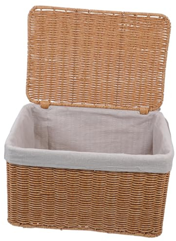 Cesto Portaoggetti Intrecciato 28x18x15 Cm con Coperchio e Manici | Pp e Tessuto, Forma Rettangolare, Design Spazioso per Biancheria e Libri, per Armadi e Camerette