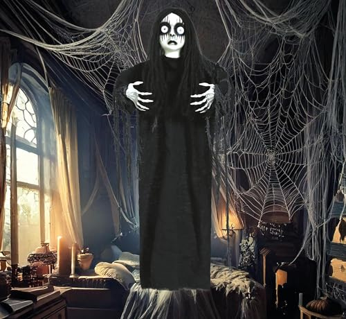 FIESTAS GUIRCA Puppe mit Knöpfen an den Augen (90 cm), Halloween-Dekoration mit Bewegung, Licht und Sound, ideal für Partys und gruselige Feiern, Schwarz
