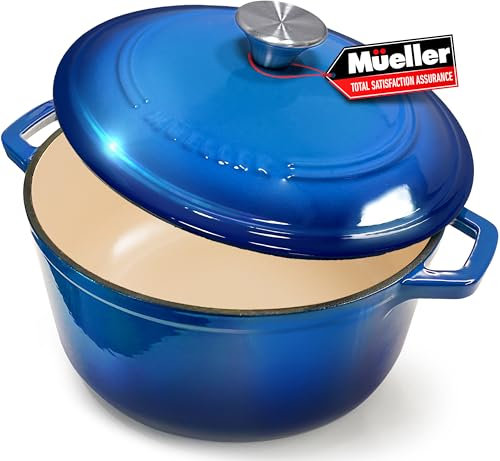 MÜELLERHOME Horno holandés de hierro fundido esmaltado de 4.5 cuartos de galón, cacerola resistente y sartén con tapa y perilla de acero inoxidable, seguro para todas las cocinas, azul aguamarina