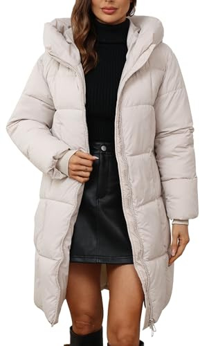 Maeau - Piumino lungo con cappuccio da donna inverno con cerniera cappotto caldo in piumino trapuntato giacca imbottita parka lungo casual XS-XXL, bianco, L