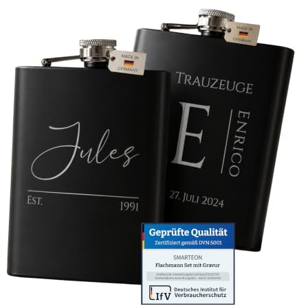 SMARTEON Flachmann ohne Zubehör, personalisiert mit Namen - Geschenkidee Hochzeit - Geschenke für Männer - personalisiertes Geschenk für Männer - Flachmann Edelstahl, Set 1