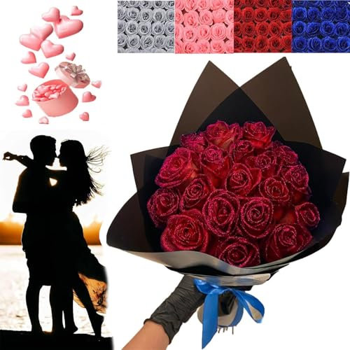 XiChiu Glitzer-Rosenstrauß, künstliche Rosenstrauß, glitzernder Blumenstrauß, glänzender künstlicher Rosenstrauß, Liebesgeschenk, selbstgemachter Blumenstrauß, Valentinstagsgeschenk, Rot, 24 Rosen
