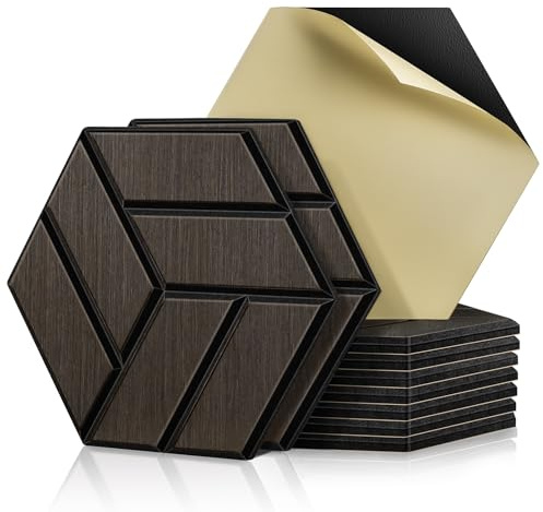 JAMELO Akustikpaneele Holz Furnier 10 Stücke (Braun Eiche | Hexagon, 30 * 15 * 1,2cm)