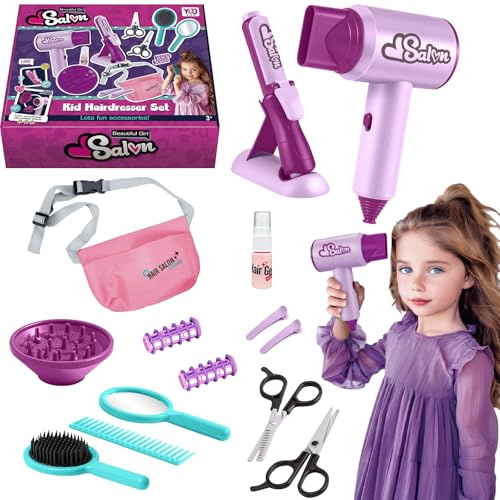 YATOSEEN Set Parrucchiera Bambina, Set da Gioco per Acconciature con Asciugacapelli, Forbici e Accessori per Parrucchieri, Giocattoli di Finzione per Ragazze dai 3 Agli 8 Anni