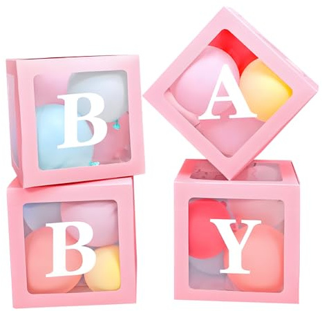 YqsIbth Baby Shower Decorations Box, 4Pcs Baby Balloon Boxes, Transparent Pink Baby Boxes including BABY Letters for Boy Girl Baby Shower Birthday Party Theme Party Decoration