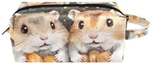 Reise-Kulturbeutel, Kosmetiktasche für Damen, Mikrofaser-Leder, Make-up-Tasche, Organizer mit Reißverschluss, Hamster, Nüsse im Korb, multi, 8.2x3.1x3.5 in/21x8x9 cm, Kulturbeutel
