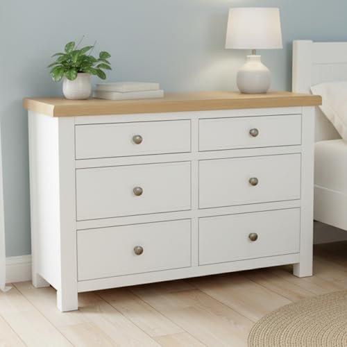 GROF GROFurniture Snow White Chest of Drawers Bedroom, 6 Drawer Storage Chest for Bedroom Storage Organiser, Solid Wood Storage with Oak Top, Ready Assembled