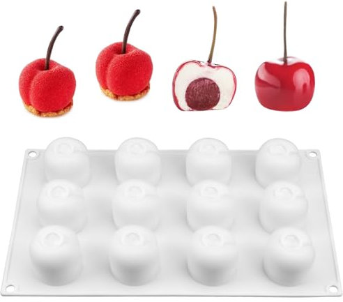Molde de Silicona con Forma de Cereza, Moldes Manzanas para Mousse Tartas Decorativas, Fácil de desmoldar, Sin BPA, Para pudín, gelatina, postre, chocolate, gelatina