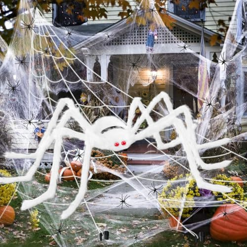 iZoeL XXL Halloween Deko 700cm Riesige Spinnennetz + 200cm Spinne + Spinnweben + 30 Mini Spinne, Halloween Garten Deko Outdoor Deko Gruseliges Außendekoration Riesenspinne weiß