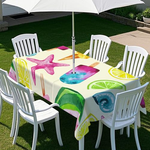 ENEN Rettangolare Tovaglia con Foro per Ombrellone e Cerniera Stampa Frutta 3D Tovaglia Impermeabile Antimacchia Copritavolo per Outdoor Campeggio Barbecue (Gelato,259x152cm)