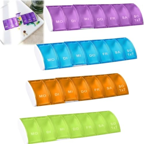 DEFIYEAR 4 Stück Tablettenbox 7 Tage Pillendose 7 Tage, Klein Pillenbox Fächer, Tablettenteiler Medikamenten 7 Tage, für Medikamentenbox, Pillendose Tablettendose Pill, Tablettenteiler Woche