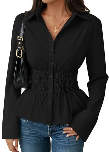 ZESICA Womens 2026 Spring Long Sleeve Blouse Business Dressy Casual Button Down Shirts Peplum Tops Fashion Trendy Clothes Black Large