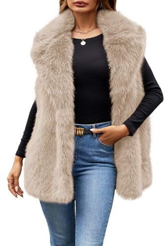 Simplee Women's Faux Fur Vest Coat Sleeveless Furry Jacket Warm Open Front Fur Vests Apricot M