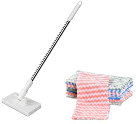 Balai Serpillière, Balais Poussière Plat avec 5 Chiffons De Nettoyage Réutilisables Pince, Minis Vadrouille Rotative pour Maison, Mur, Salle de Bain, de fenêtre