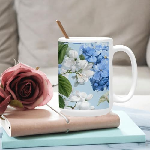 qenuh Watercolor Hydrangea Flower Leaves Ceramic Mugs Coffee Cup Smooth Glaze Finish 15 oz Classic Tea Cup for Hot Drinks, Office/Home Use