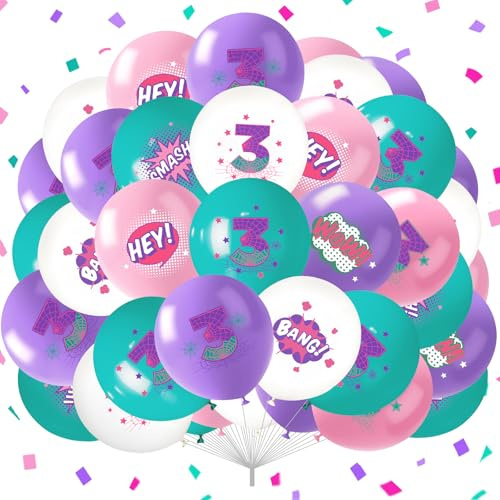 40Pcs Spider Theme 3rd Birthday Balloons for Girls Pink Teal Purple 3rd Hero Party Balloons 12 Latex Spider Web Balloons for Kids 3 Years Old Birthday Baby Shower Party Decorations Outdoor Supplies