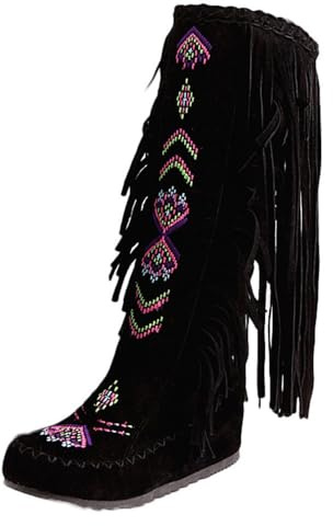 Generisch 2025 Bottes western pour femme avec franges, fermeture brodée, franges, mi-mollet, bottes plates pour femme, bottes de neige longues avec pompon pour femme, taille 44, Noir , 40 EU