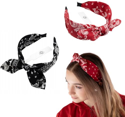 2er Set Bandana Haarreifen Damen – Retro Haarband im Rockabilly Stil – Schwarz & Rot – Stirnband mit Knoten – Breites Kopfband für Alltag, Festival, Vintage Look