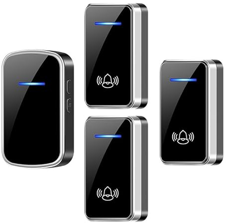 Wireless doorbells 1 Receiver + 3 Transmitter IP68 watertight Battery Operated at 1000ft Range with 5 Level Volume,60 Chimes LED Flash Kit for Home School Office,Black silver