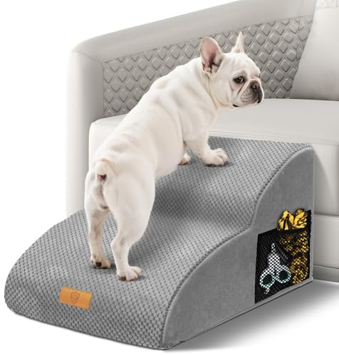 Thihome Hundetreppe 2 Stufen Verlängert 55cm Briet für Kleine Hunde Katzen | TPU-Wasserschutz Bezug, Poignée Poche Rangement, Rutschfest, Hochdichter Schaum, Max 23kg, 55*40*30cm, für Sofa & Bett