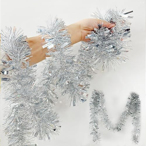 3 pcs 6.5ft Luxurious Christmas Tinsel Garland - Thick Red & Gold Metallic Tinsel for Xmas Tree Decorations Shiny Rainbow Tinsel for Holiday Party, Indoor & Outdoor Festive Decor (Silvery)