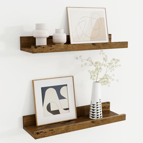 Wandregal Holz 40 cm, Regal Wand Bilderleiste für Bilderrahmen und Bücher 2er Set, Schweberegal aus MDF Holz, Regalbrett Wandboard für Küche, Wohnzimmer, Schlafzimmer & Arbeitszimmer, Vintage Braun