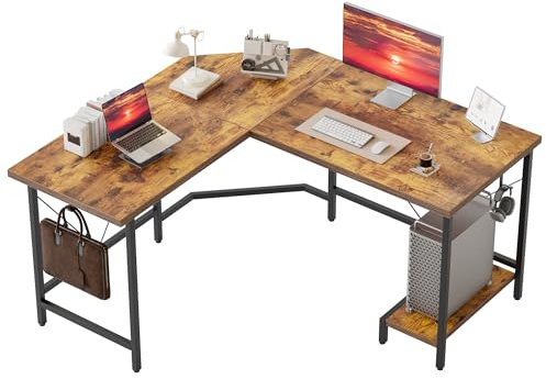 Mericonia L Shaped Desk, 120x110 cm Corner Gaming Desk for Home Office, Computer Desk Sturdy Writing Workstation for Small Space, Easy to Assemble, Brown