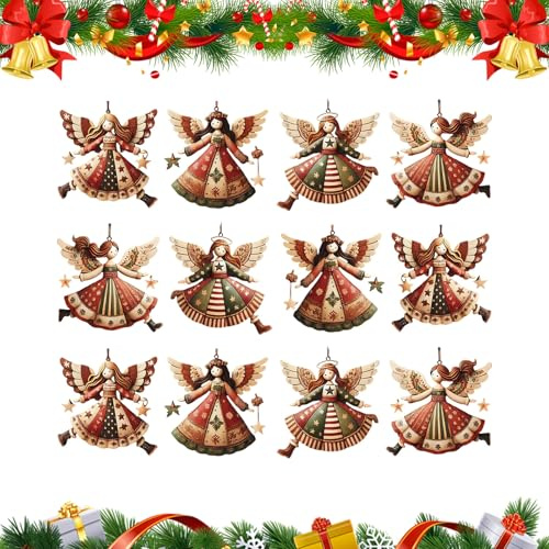 12 Stück Weihnachtsbaumschmuck, Vintage Holz Engel Weihnachtsanhänger Dekoration, 8cm, Miniatur Weihnachtsbaum Anhänger für Weihnachtsbäum oder Fenster (Rot)