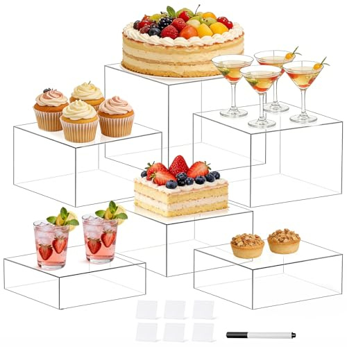 6 Pcs Buffet Risers, Acrylic Food Risers for Buffet Table, 3x4x5x6x7x8 Inch Display Stand Shelf for Party Catering Dessert Collectibles - Stackable Cube Boxes Display with Hollow Bottoms, Clear