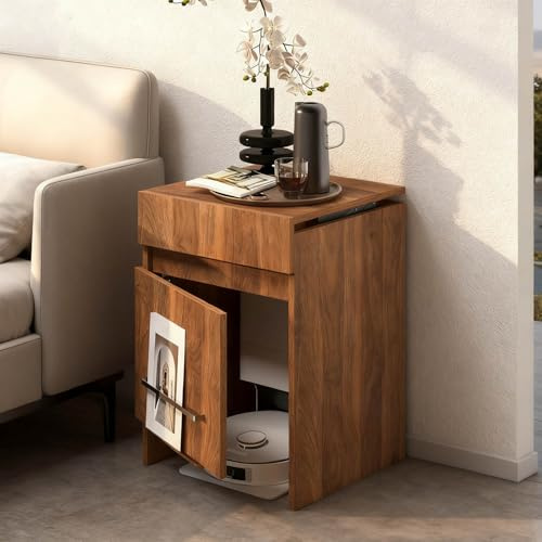 71.5cm Versteckter Staubsauger-Schrank Mit Türen Und Schubladen Klemmschutzdesign Aufbewahrungsschrank Für Saugroboter Einfaches Wasserwechseln Beistelltisch Für Wohnzimmer Küche Schlafzimmer(Walnut)