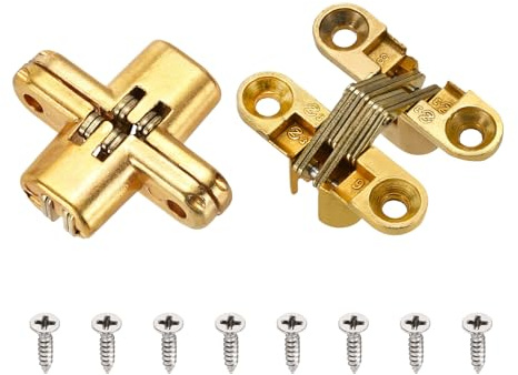 QUARKZMAN 2 Pezzi Cerniere Nascoste Per Ante Di Mobile 1.65 x 0.45 Oro | 180 Gradi, Per Porte Invisibili Scatole In Legno, Cerniere A Croce Invisibili
