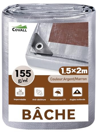 COVALL 1.5m x 2m Heavy Duty Tarpaulin, 155gsm Waterproof Camping Tarp | Camping Garden Roof Waterproof Tarp, UV Resistant Tear Proof with Reinforced Grommets (Silver/Brown)