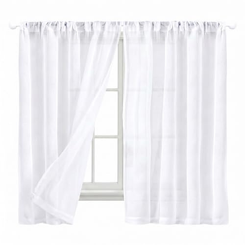 QFWFG 2 Pcs White Voile Net Curtains, Slot Top Semi Sheer lightweight Curtains for Windows, Privacy Sheer Voile Panel Curtains for Kitchen, Bedroom, Living Room Window 25 W x 36 L