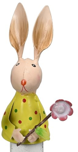 ETC putziger Kleiner Zaunhocker Hase mit Blume Metall bemalt hellgrün rosa gelb ca. 12 cm hoch einzeln oder im farblich sortiertem 3-er Set (Gelb)