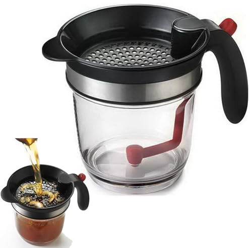 Fettabscheider 1000ml mit Knopfdruck Auslass,Doppelfiltrations Fetttrenner,Effizienter Fetttrennkanne,Suppenölabscheider,Transparent Öl Fett Trennkanne für gesündere Soßen,Brühen & Suppen