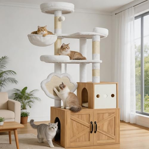 Heybly Árbol para Gatos con Mueble Arenero Oculto, Torre Rascador 162 cm para Gatos de Interior, Condominio de Madera con Casa, Plataformas, Tabla Rascadora y Juguetes, Roble Blanco HCT105BT