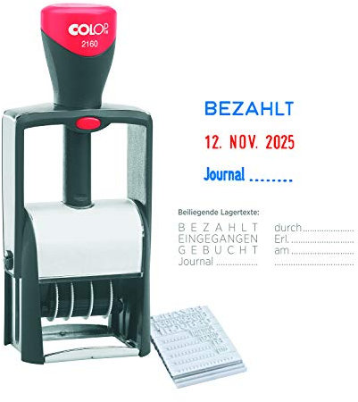 COLOP 2160 RL. Selbstfärbe-Datumstempel mit Datum in Deutsch und verschiedenen Texten wie BEZAHLT, ERHALTEN... zum Wechseln. Kissen 2farbig blau/rot. Im Faltkarton., 17 x 8 x 5 cm