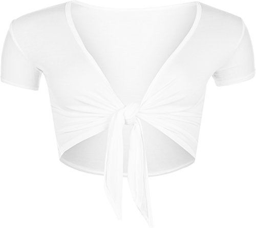 WearAll New Ladies Tie Up Shrug Crop Top Womens Short Sleeve Stretch Open Top White 8/10