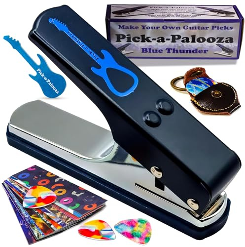 Pick-a-Palooza DIY Guitar Picks Punch Mega Pack - Custom Pick Maker for Musicians - Features Leather Key Chain Holder, Pick Strips with Artwork & File - Unique Gifts for Men & Women - Blue Punch