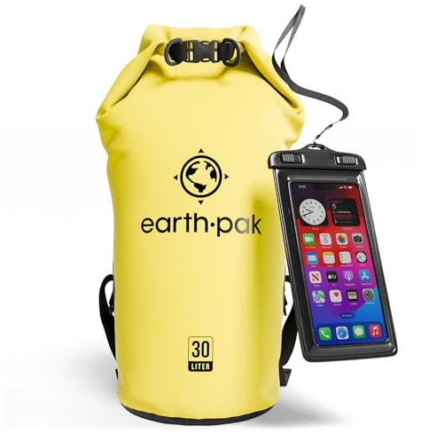 Earth Pak – Wasserdichter Packsack mit Schultergurt und wasserfester Handyhülle – Ideale Rolltop Tasche beim Kajak Fahren, Wandern, Camping, Angeln, Bootfahren und Rafting