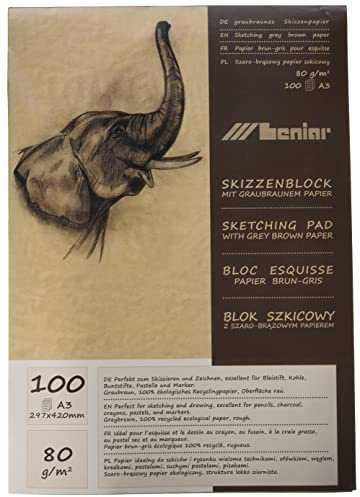 Honsell 31222 - Graubrauner Skizzenblock, 80 g/m², DIN A3, 100 Blatt, aus 100 Prozent ökologischem Recyclingpapier mit rauer Oberfläche, zum Zeichnen und Skizzieren, Graubraun