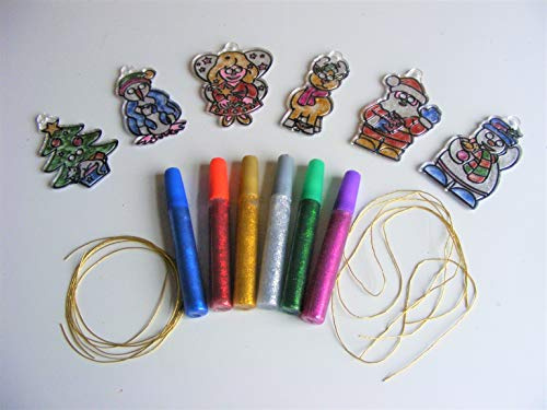 2to5 CHRISTMAS Suncatcher Kit 6 Acrylic Glass Xmas DECORATIONS with 6 Glitter Pens and gold thread ~ Santa Xmas Tree Reindeer Angel Snowman and Penguin