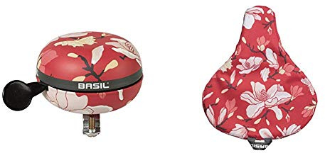 Basil Big Bell Magnolia Fahrradklingel, Poppy Red, 80 mm & Damen Magnolia Sattelbezug, rot, One Size