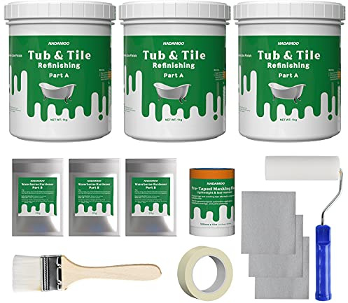 NADAMOO Tub and Tile Refinishing Kit (3kg / 105 oz, with tools, White), DIY Bathtub Sink Countertop Paint Resurface Kit for Bathroom Kitchen Porcelain Fiberglass, Semi-gloss